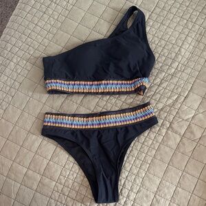 Black One-Shoulder Bikini with Colorful Trim